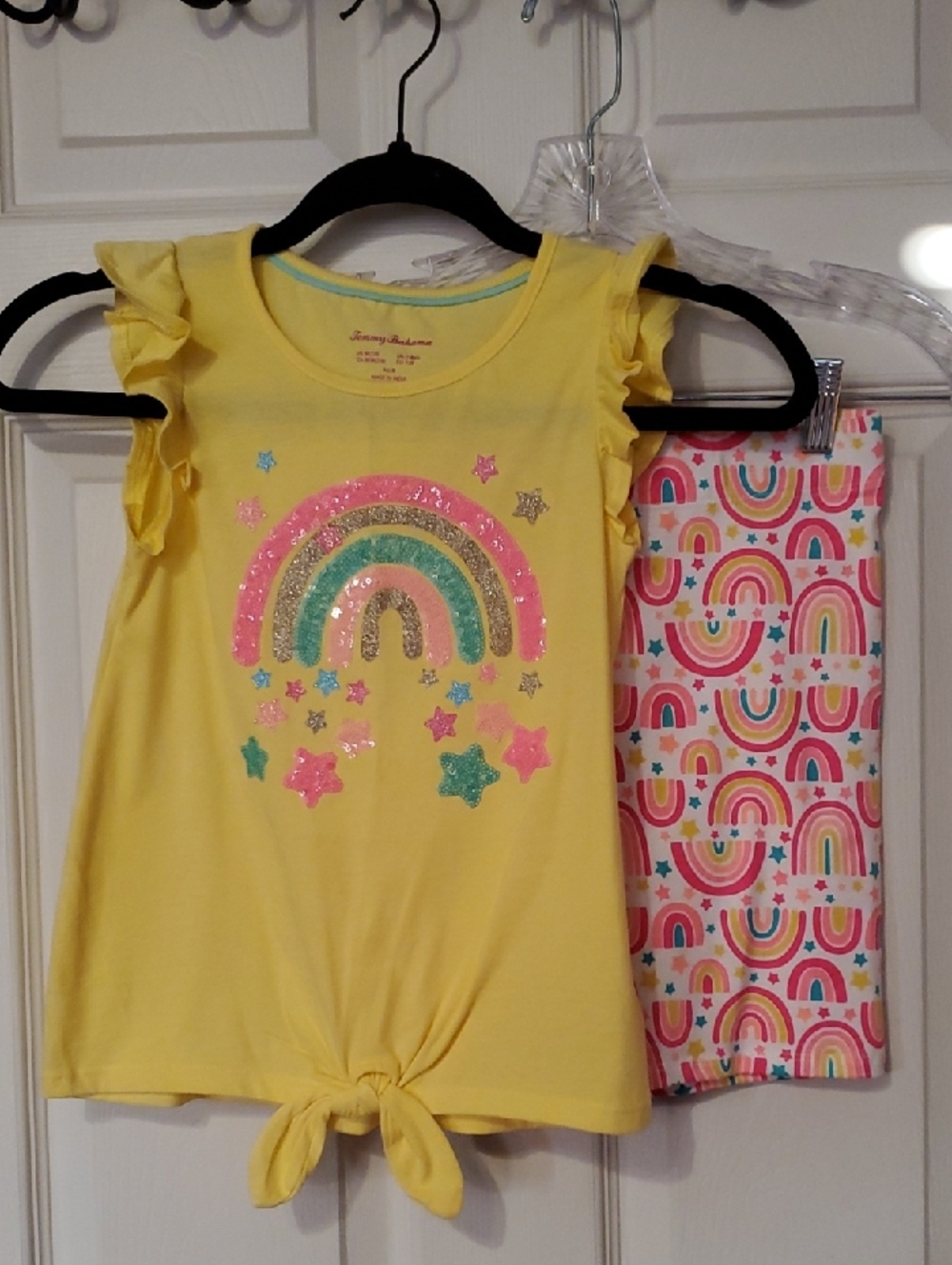 Girls' Yellow Rainbow Glitter Tie-Hem Short Set